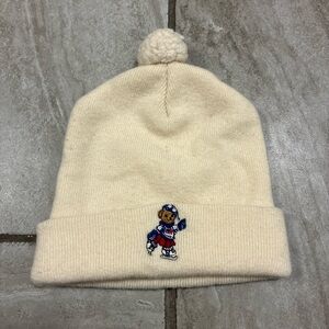 Polo Ralph Lauren Cream Knit Pom Beanie with Embroidered Winter Bear Patch OS